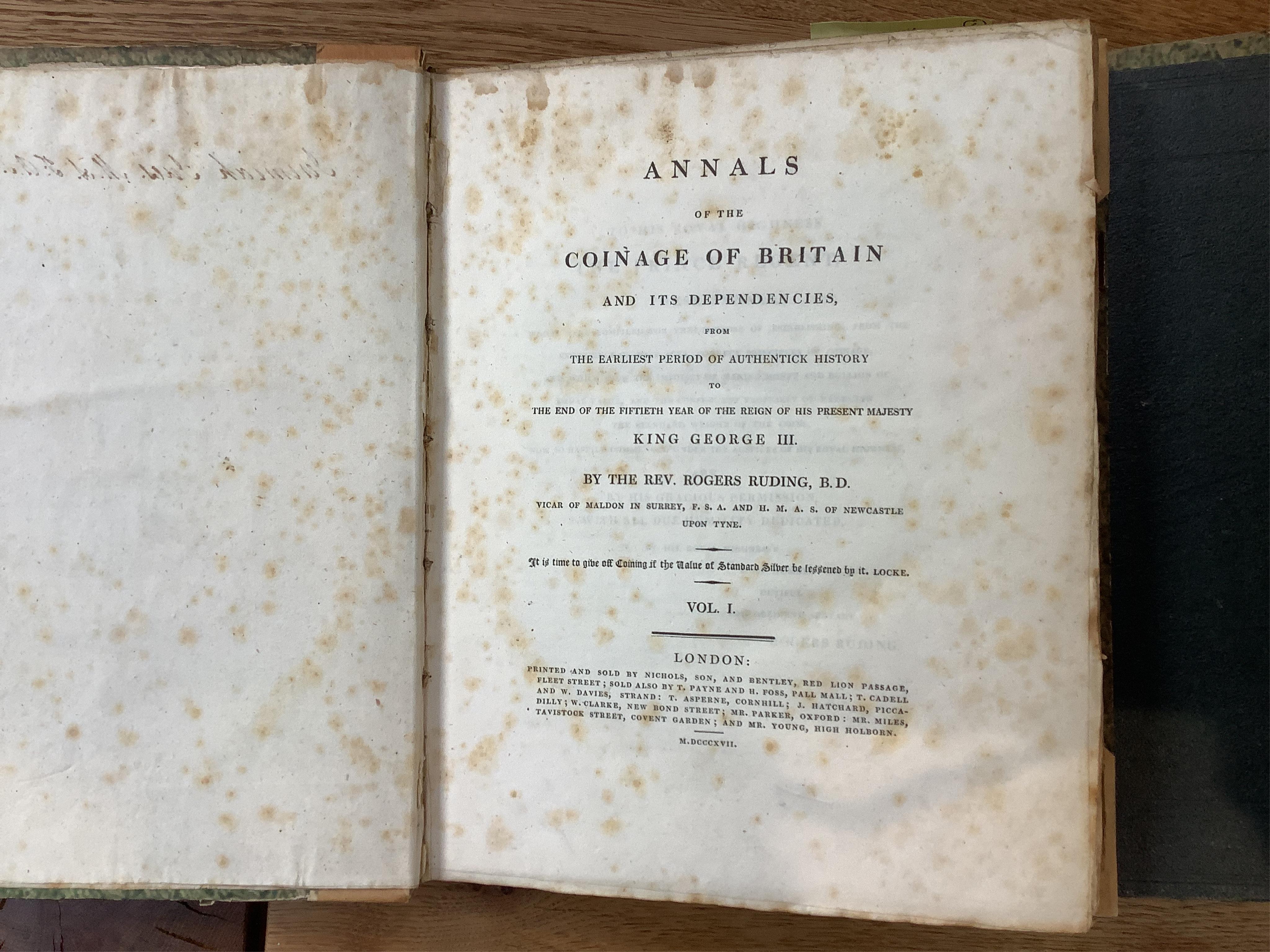 Froehner, W. – Les Medaillons de L’Empire Romain, n.d; Ruding, Rogers – Coinage of Britain, 1817, 4 vols; Gordon, Thomas. Description of Ancient Coins from the Cabinet of Thomas Gordon, c.1833